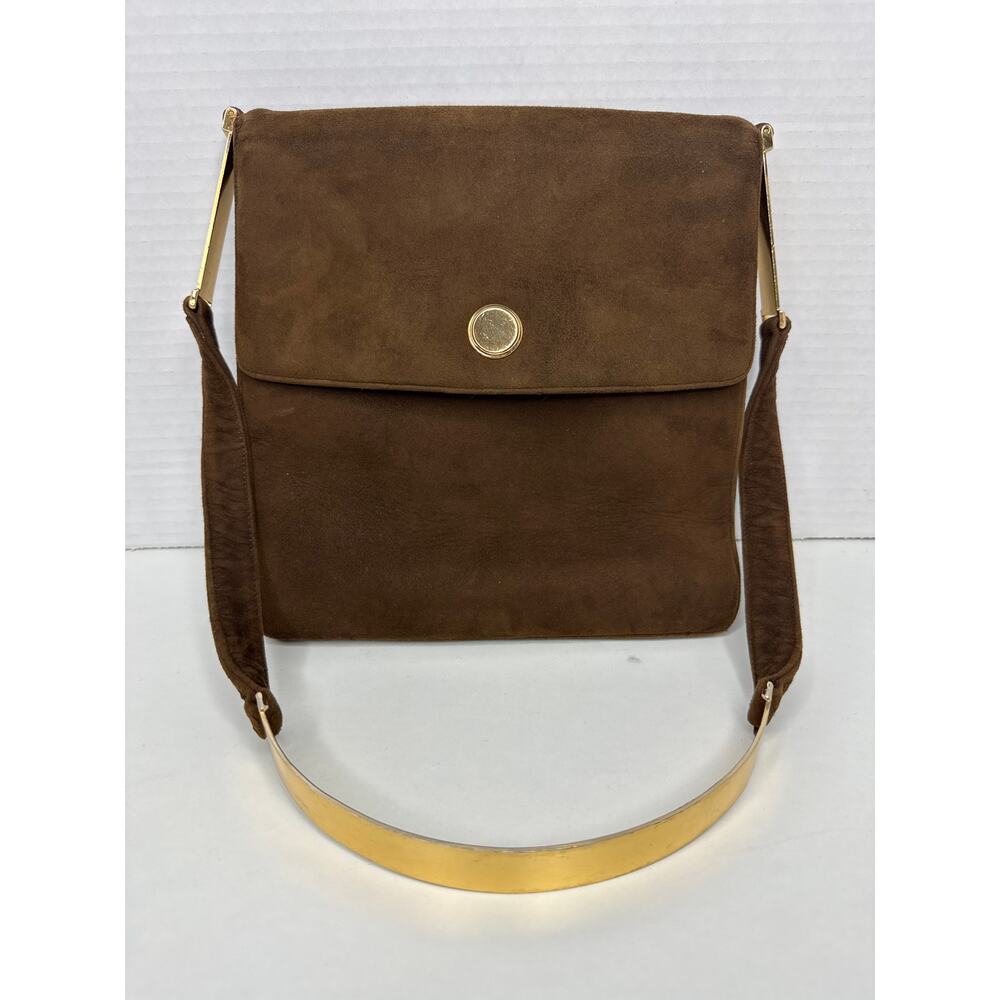 Prestige Vintage suede brown bag with gold hardware & flap closure